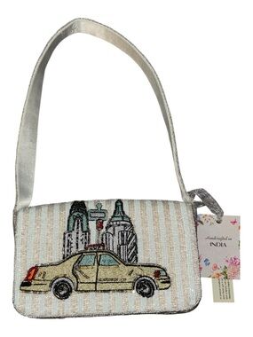 Handcrafted in India Beaded Beige Striped Bag with NYC Taxi